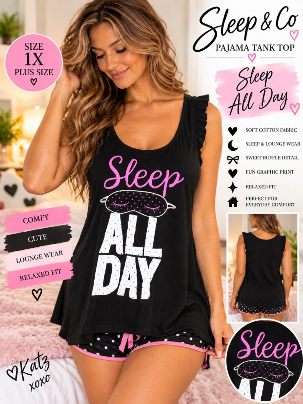 Plus Size 1X Sleep All Day Pajama Tank Top Black Ruffle Graphic Lounge Sleepwear